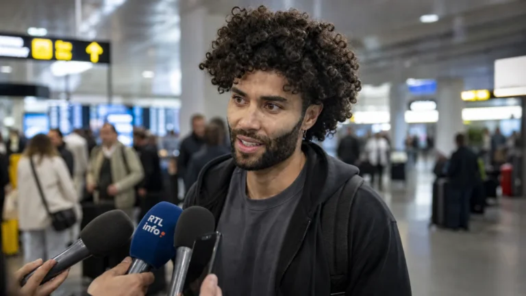 César Huerta spreekt journalisten toe in een luchthavenhal.