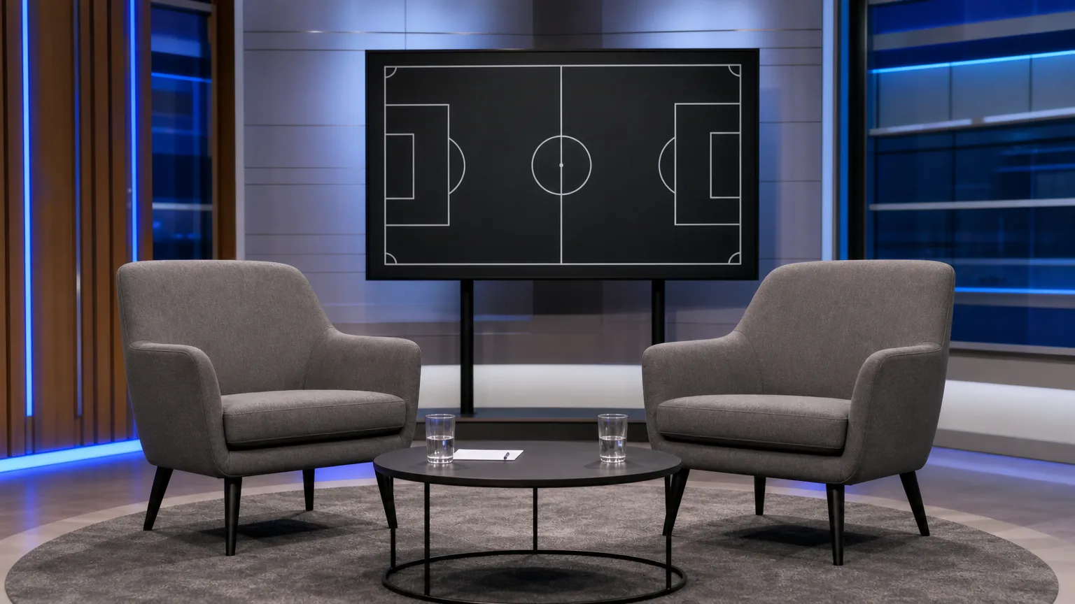 Een neutrale televisiestudio ingericht voor een voetbalgesprek.