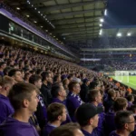 Een volle tribune in het Lotto Park met paars geklede supporters voor een Europese wedstrijd.