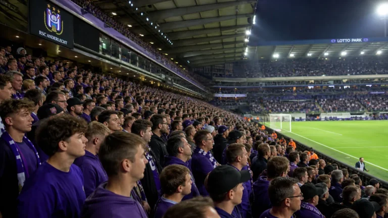 Een volle tribune in het Lotto Park met paars geklede supporters voor een Europese wedstrijd.
