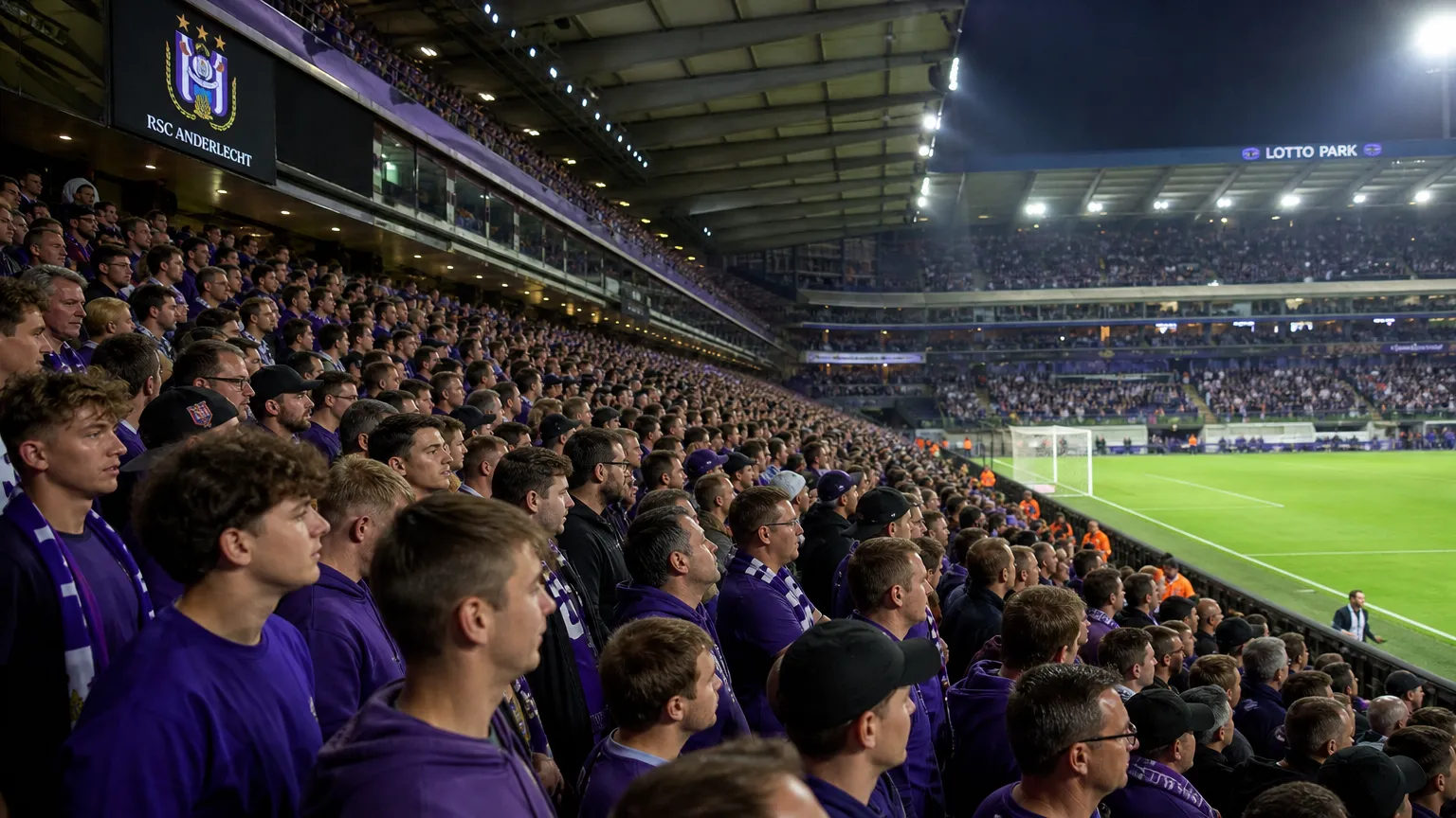 Een volle tribune in het Lotto Park met paars geklede supporters voor een Europese wedstrijd.