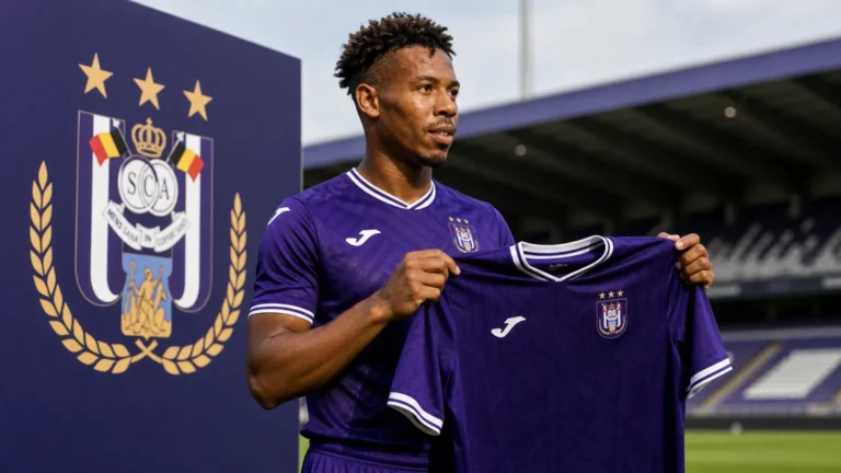 Tawfik Bentayeb toont het shirt van RSC Anderlecht tijdens een officiële presentatie.
