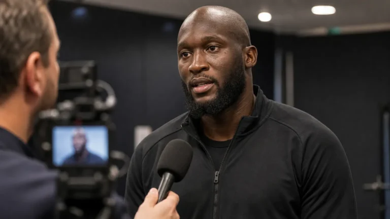 Romelu Lukaku geeft een interview in een mediazone in neutrale sportkleding.