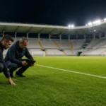 Stadionmedewerkers bereiden een verlicht voetbalveld in Cyprus voor op een Europese wedstrijd.