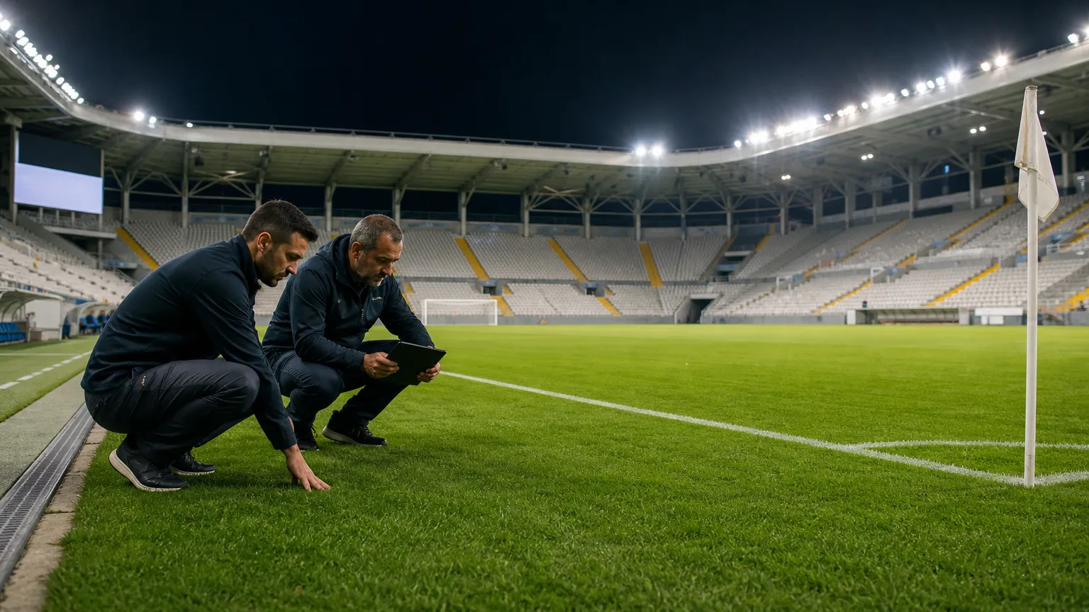 Stadionmedewerkers bereiden een verlicht voetbalveld in Cyprus voor op een Europese wedstrijd.