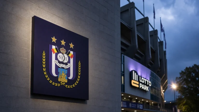 Een discreet RSC Anderlecht-embleem aan de buitenzijde van het Lotto Park.