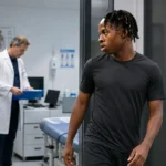 Wisdom Mike verlaat in neutrale sportkleding een medische onderzoeksruimte.