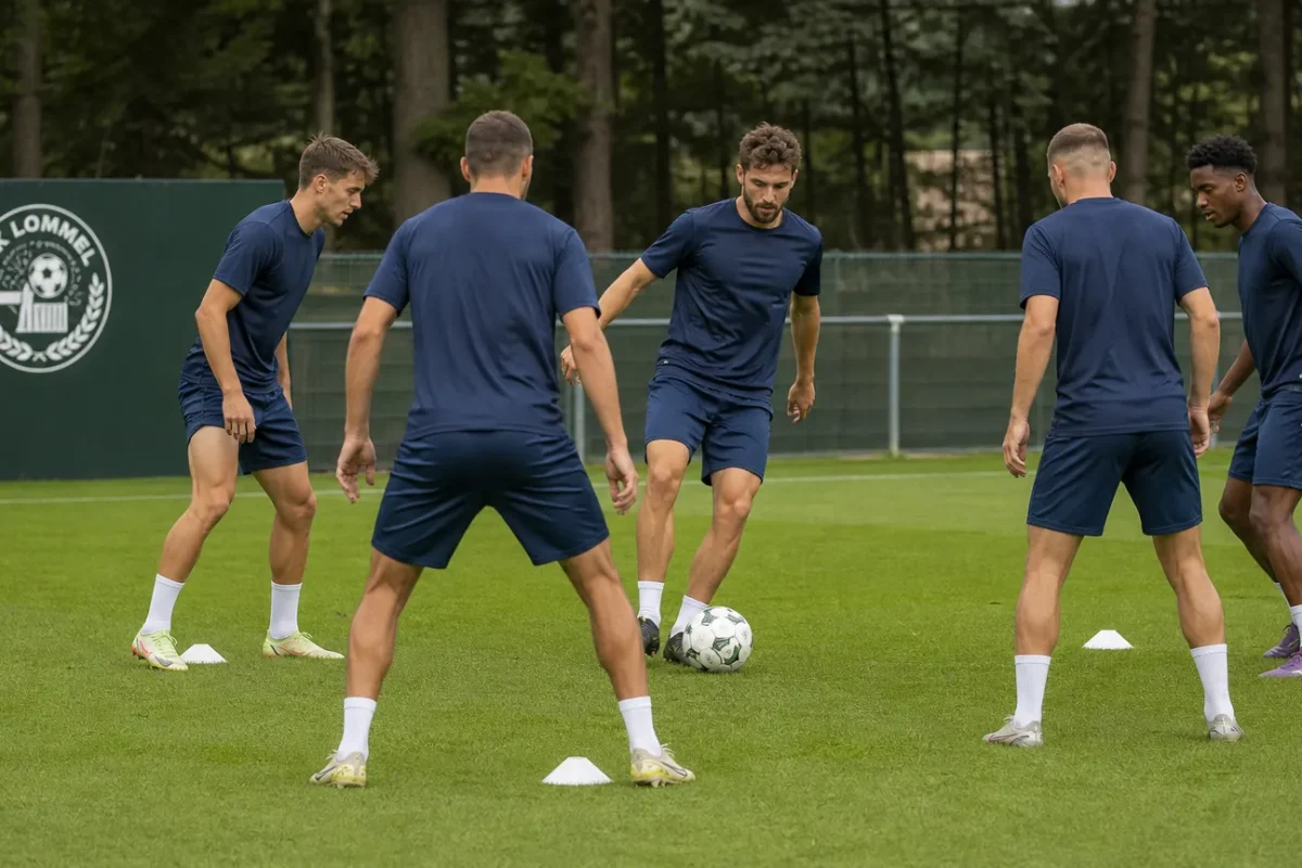 Enkele spelers tijdens een oefensessie op het trainingsveld van SK Lommel.