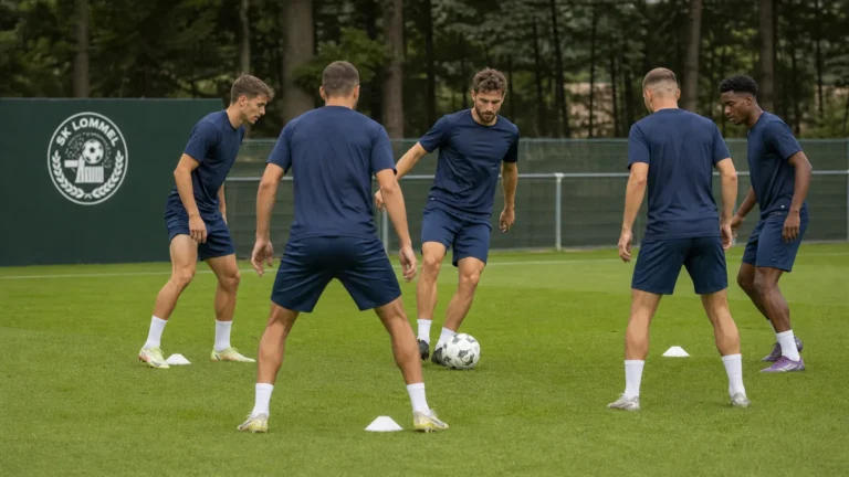 Enkele spelers tijdens een oefensessie op het trainingsveld van SK Lommel.