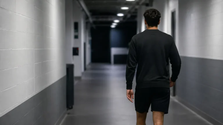 Een niet-herkenbare voetballer loopt door een neutrale stadiongang.