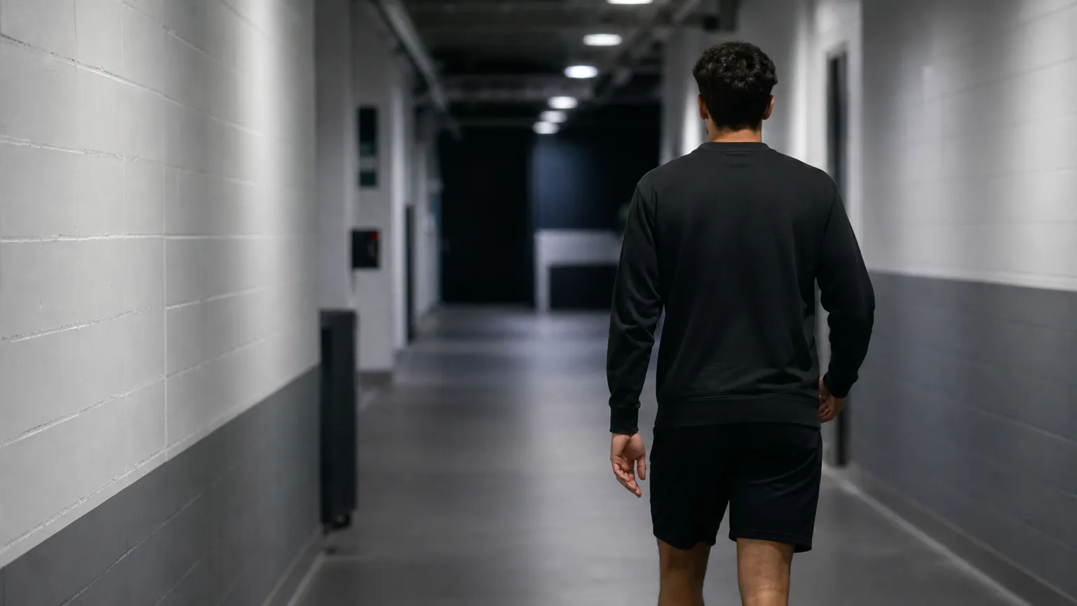Een niet-herkenbare voetballer loopt door een neutrale stadiongang.