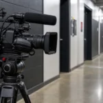 Televisiecamera en microfoon in de mixed zone van een voetbalstadion na een wedstrijd.