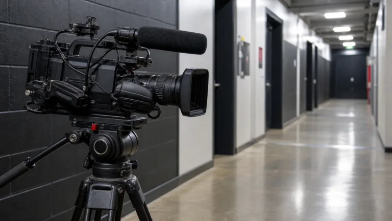 Televisiecamera en microfoon in de mixed zone van een voetbalstadion na een wedstrijd.