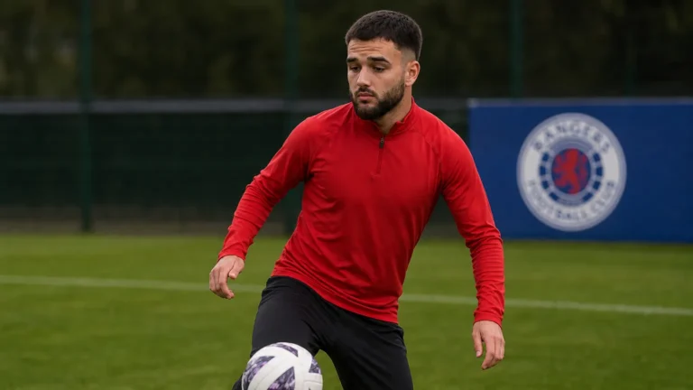 Nicolas Raskin tijdens een training in Glasgow, met een discreet Rangers-clubanker op de achtergrond.