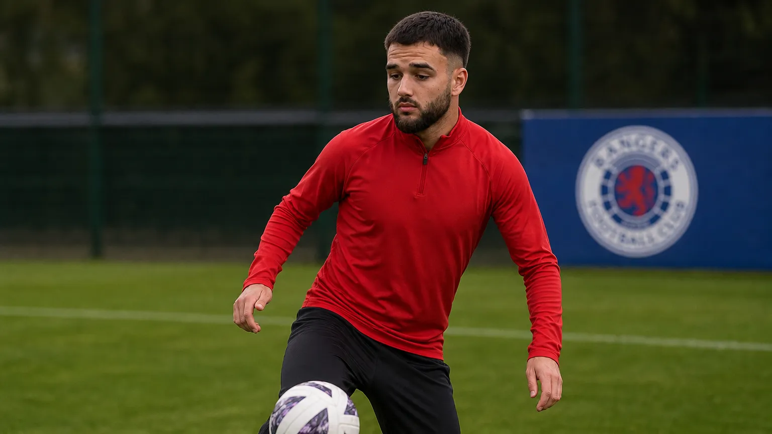 Nicolas Raskin tijdens een training in Glasgow, met een discreet Rangers-clubanker op de achtergrond.