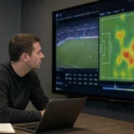 Een medewerker bekijkt een heatmap op een groot scherm in een analysezaal van RSC Anderlecht.