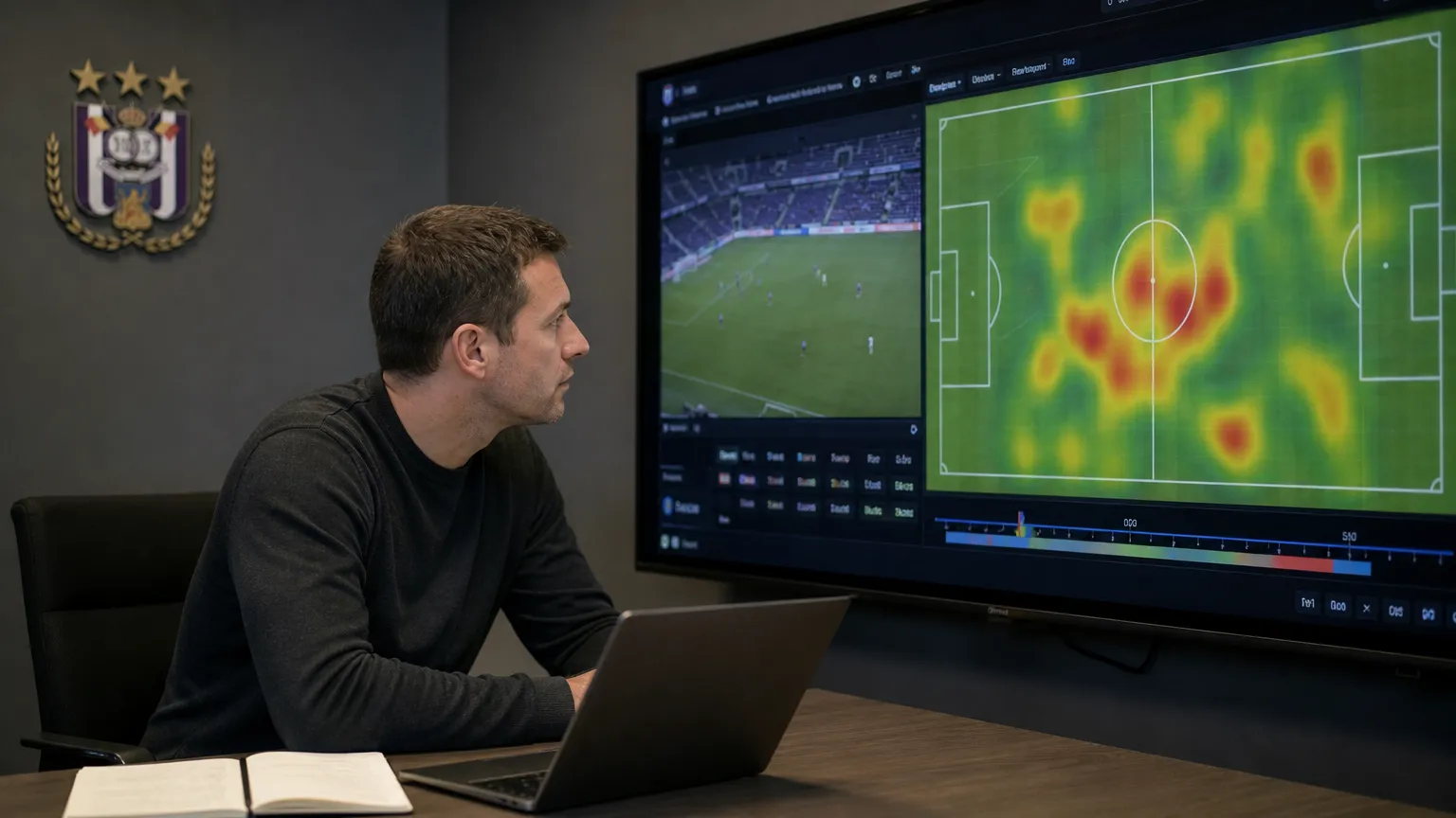 Een medewerker bekijkt een heatmap op een groot scherm in een analysezaal van RSC Anderlecht.
