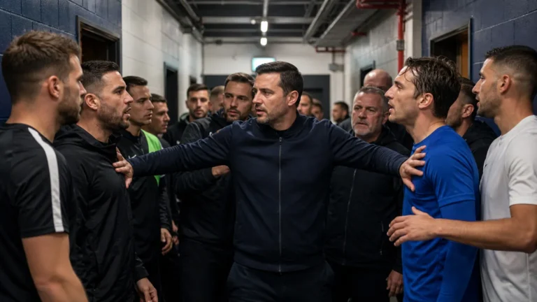 Voetballers en medewerkers worden na een wedstrijd uit elkaar gehouden in een stadiontunnel.