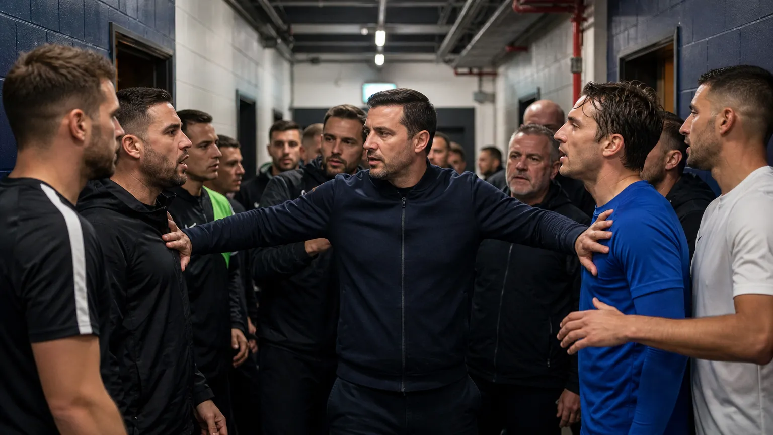 Voetballers en medewerkers worden na een wedstrijd uit elkaar gehouden in een stadiontunnel.
