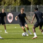Jonge spelers werken een oefensessie af op het trainingscomplex van Royal Antwerp FC.