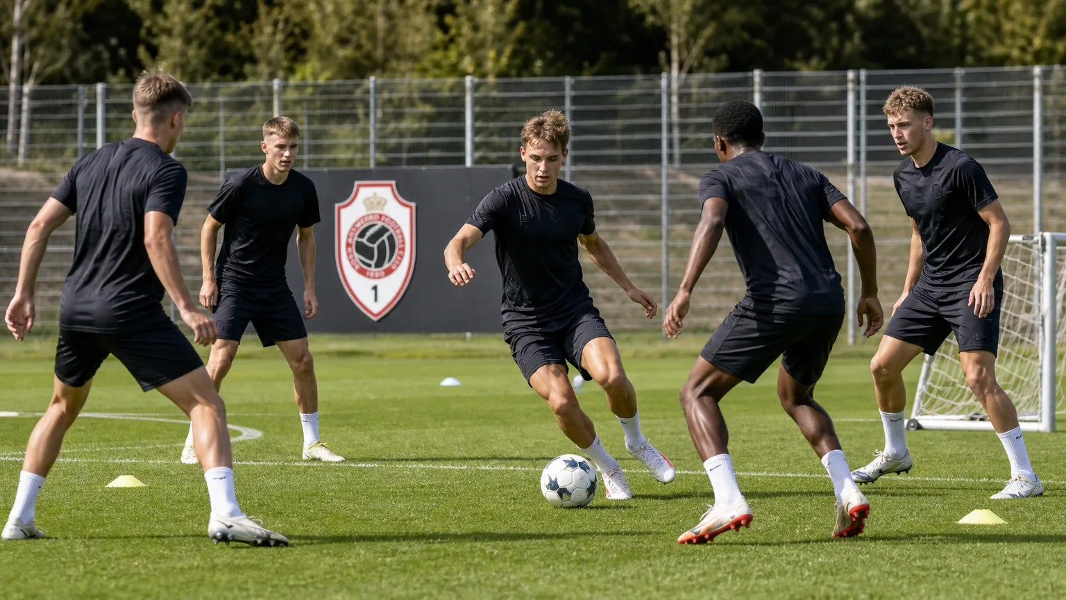 Jonge spelers werken een oefensessie af op het trainingscomplex van Royal Antwerp FC.