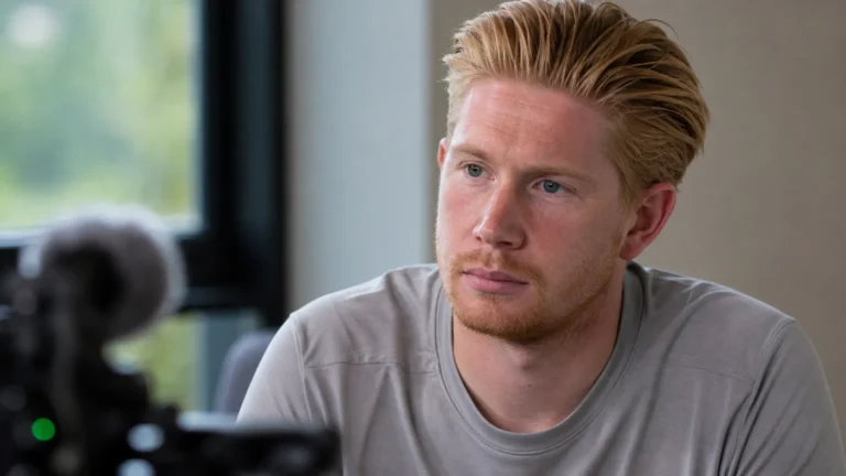 Kevin De Bruyne tijdens een rustig interview in neutrale kleding.