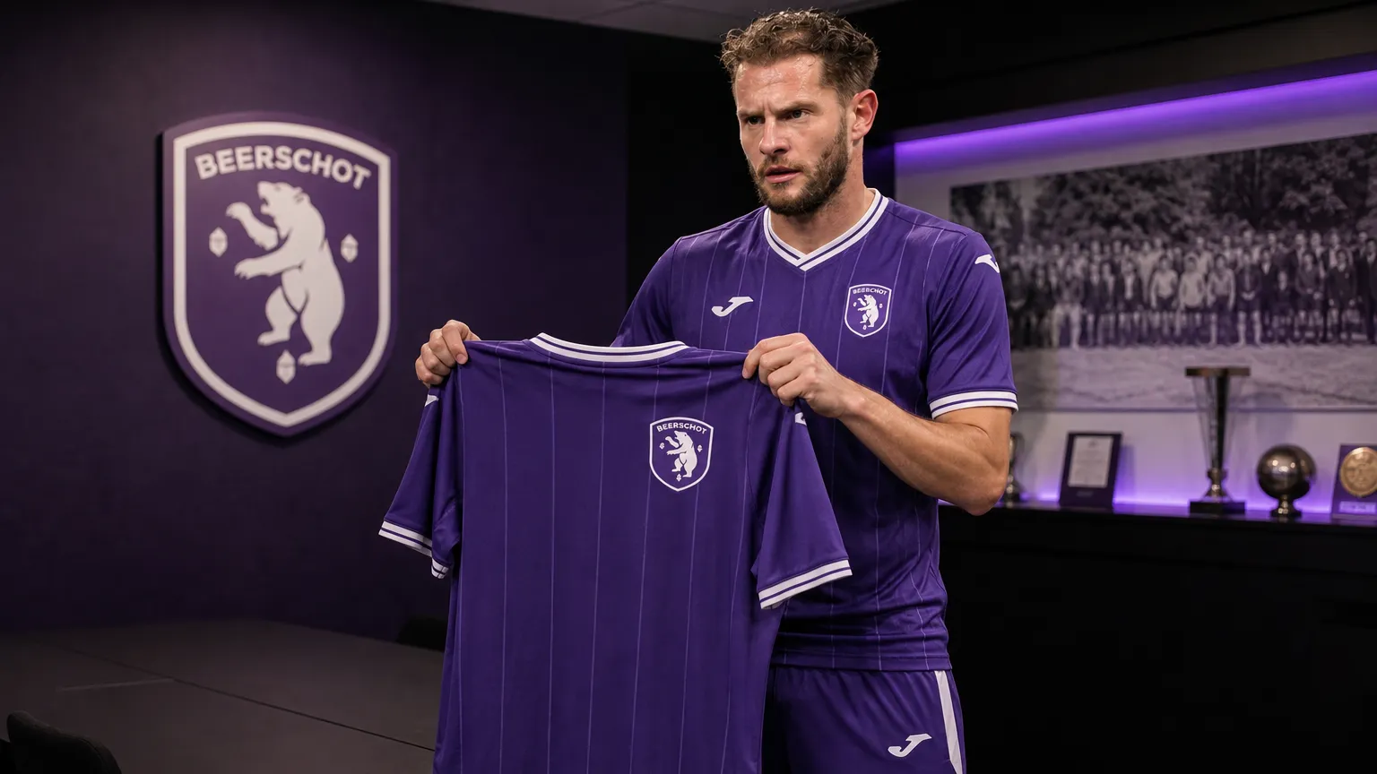 Mats Rits poseert met een Beerschot-shirt tijdens zijn officiële voorstelling.