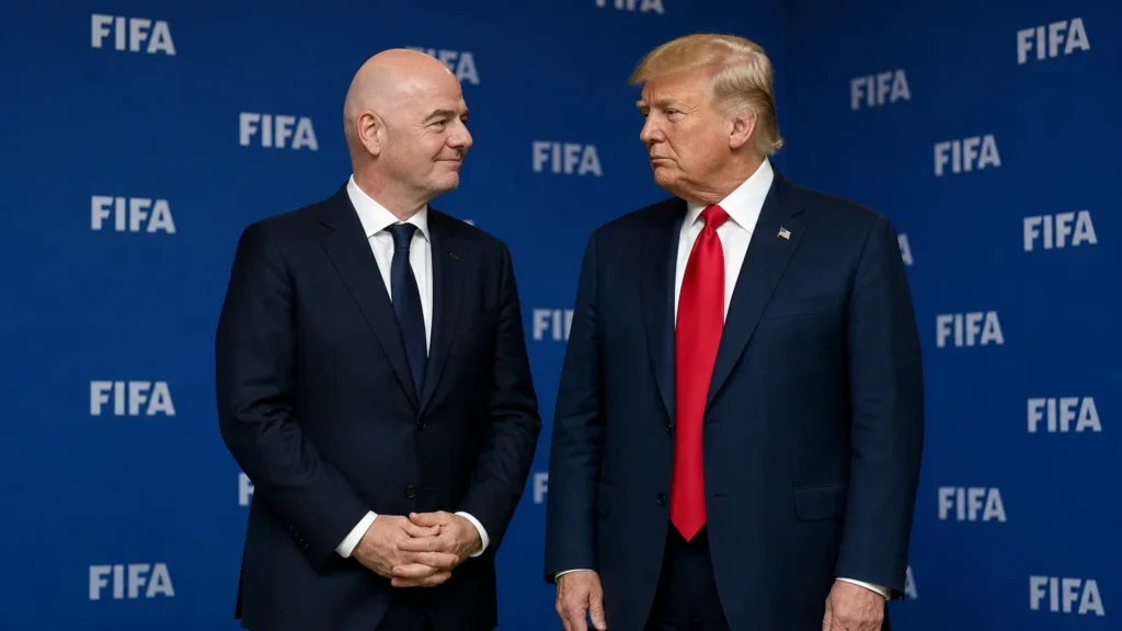 trump-steunt-infantino-druk-fifa-groeit Donald Trump en Gianni Infantino in donkere pakken in een FIFA-persruimte.