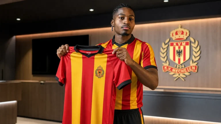 Simion Michez poseert met het shirt van KV Mechelen tijdens zijn officiële voorstelling.