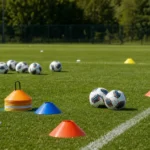 Kegels en ballen op een leeg professioneel trainingsveld.
