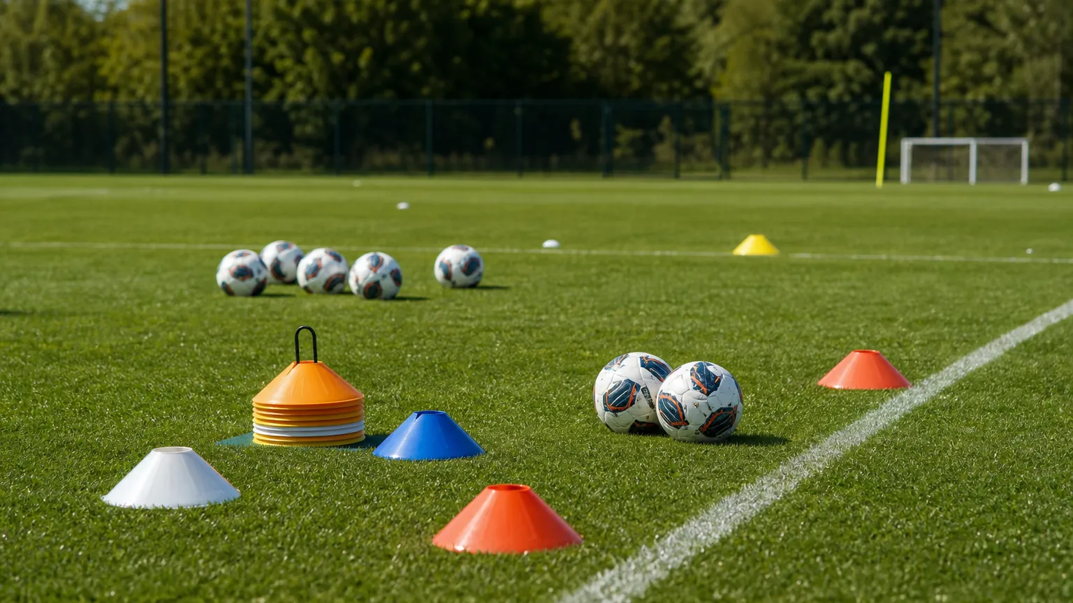 Kegels en ballen op een leeg professioneel trainingsveld.