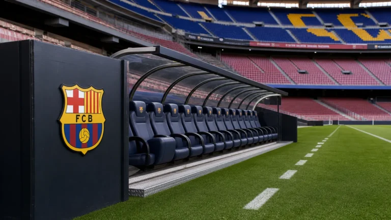 Een lege spelersbank naast het veld in een omgeving van FC Barcelona.