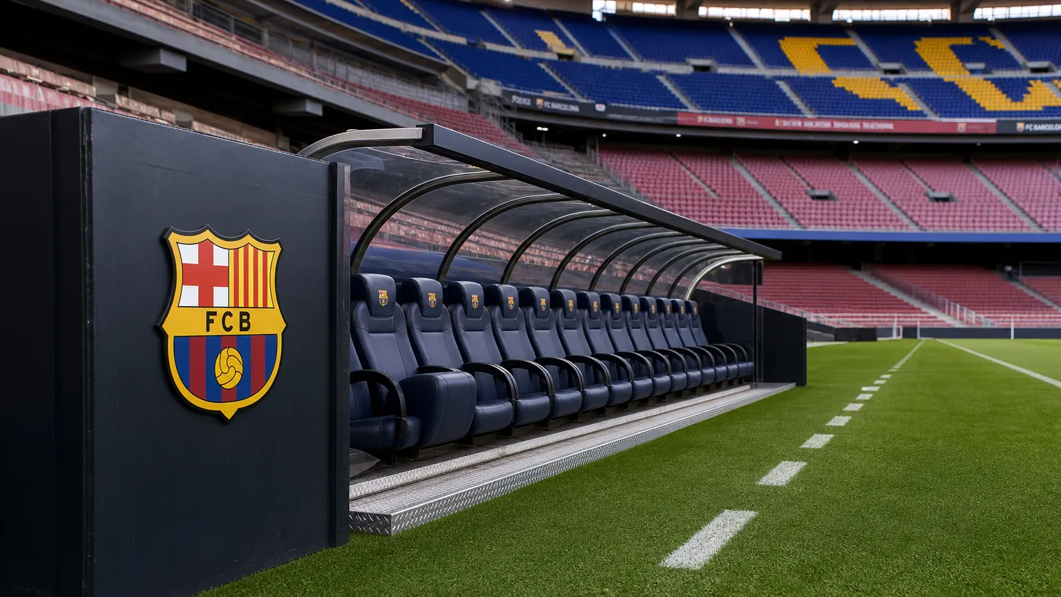 Een lege spelersbank naast het veld in een omgeving van FC Barcelona.