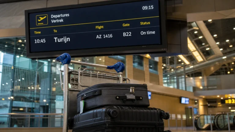 Vertrekbord met een vlucht naar Turijn naast een bagagetrolley in een luchthavenhal.