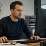 Een clubmedewerker achter een computer in het mediaoffice van Zulte Waregem.