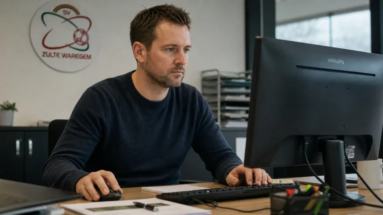 Een clubmedewerker achter een computer in het mediaoffice van Zulte Waregem.