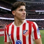 Julián Álvarez in het tenue van Atlético Madrid aan de rand van het veld.