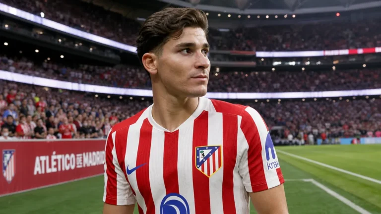 Julián Álvarez in het tenue van Atlético Madrid aan de rand van het veld.