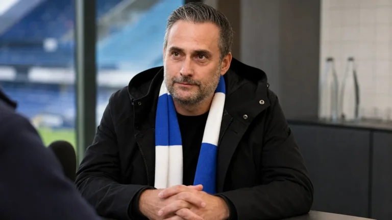 Sam Baro in zwarte jas en blauw-witte sjaal tijdens een interview.