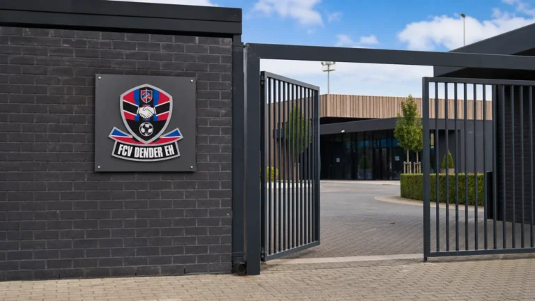 Ingang van het clubcomplex van FCV Dender EH met een discreet clubembleem.
