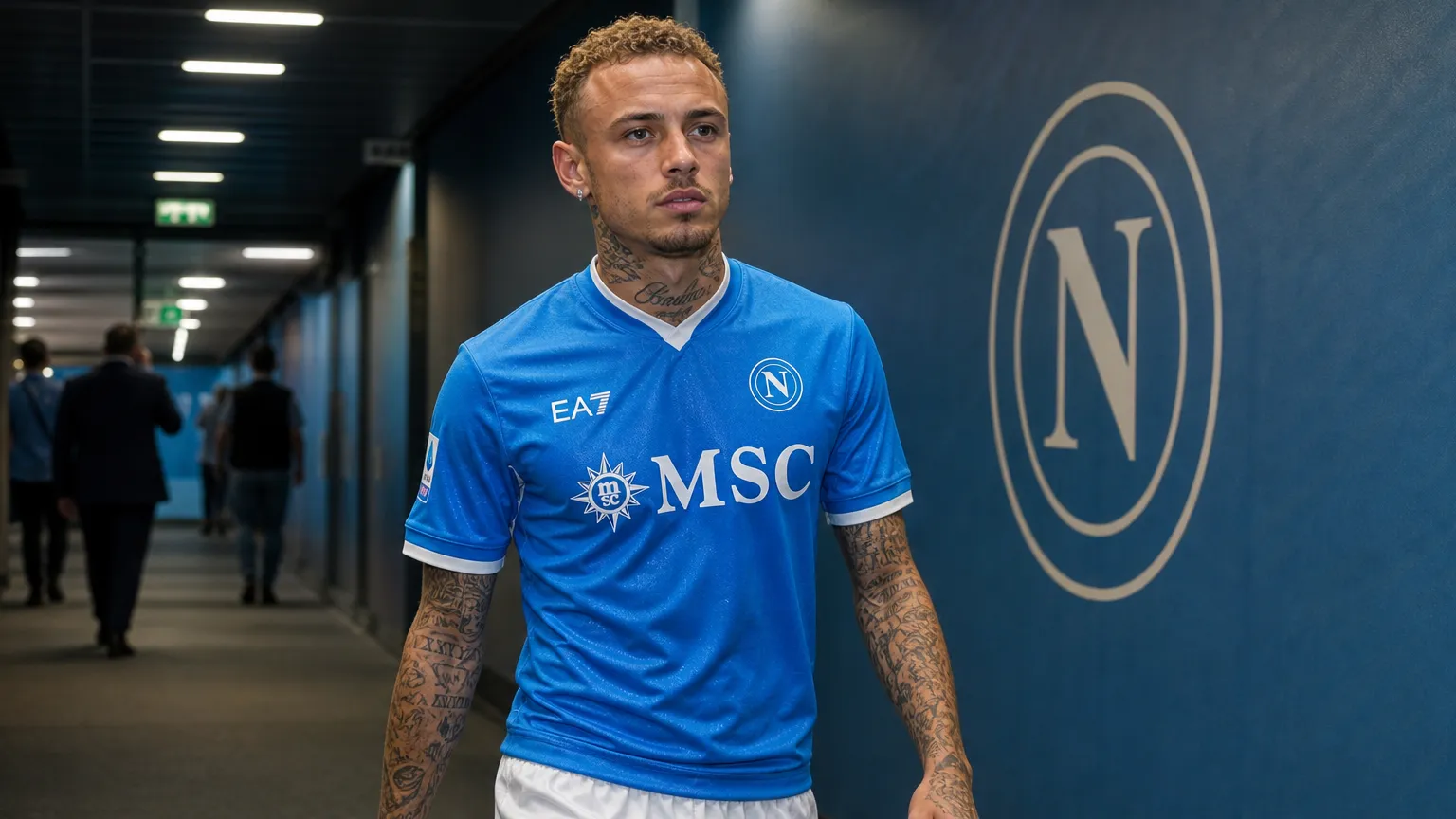Noa Lang in het shirt van SSC Napoli in een stadionganger.