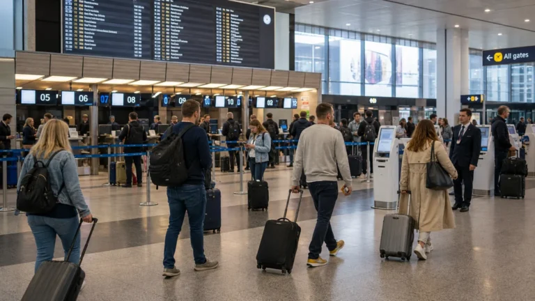 Drukke incheckhal van een luchthaven met reizigers en een vertrekbord