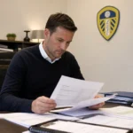 Een medewerker bekijkt documenten in een operationele transfersruimte van Leeds United.