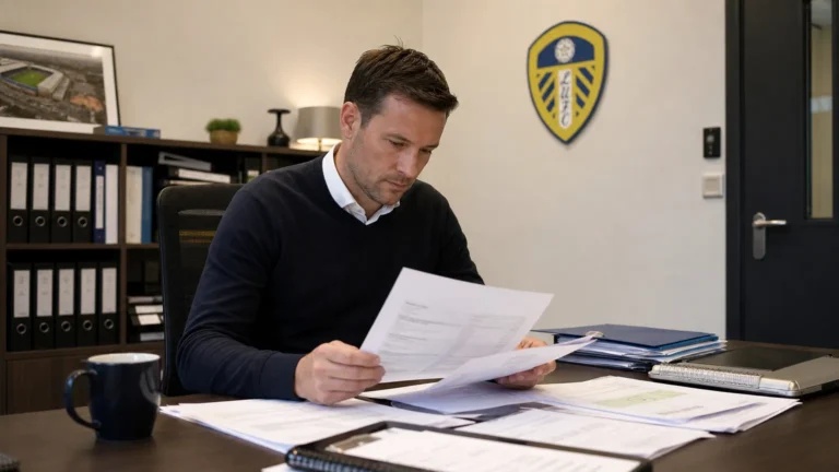 Een medewerker bekijkt documenten in een operationele transfersruimte van Leeds United.