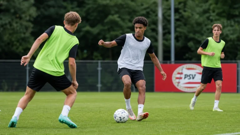 Jonge voetballers trainen op een PSV-jeugdveld in Eindhoven.