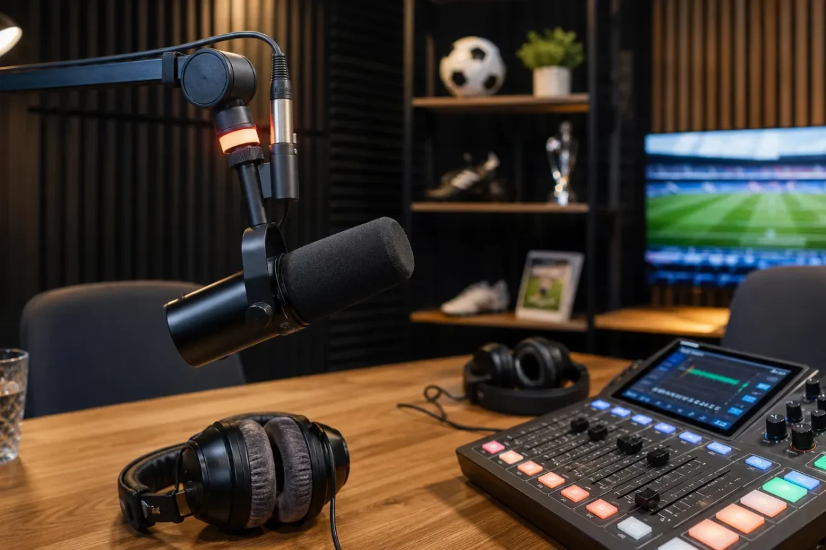 Een professionele voetbalpodcaststudio met een microfoon en opnameapparatuur.