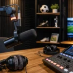 Een professionele voetbalpodcaststudio met een microfoon en opnameapparatuur.