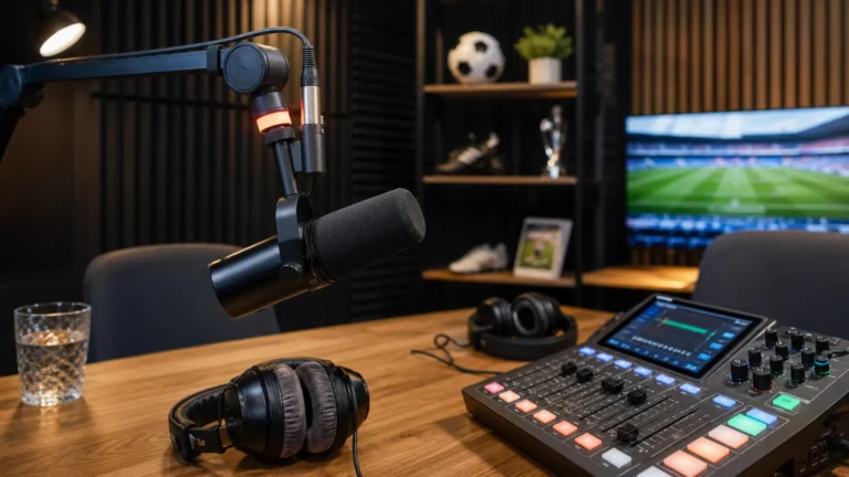 Een professionele voetbalpodcaststudio met een microfoon en opnameapparatuur.