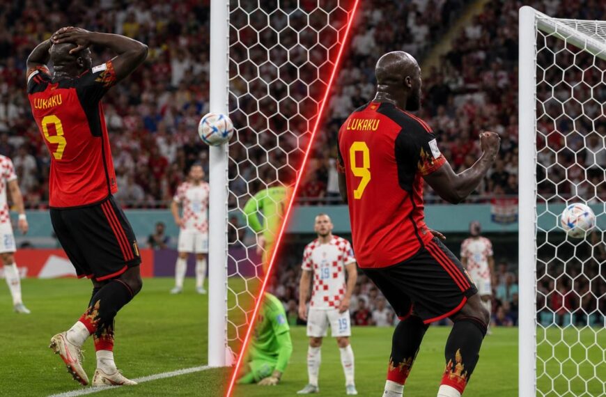 Lukaku raakt links de paal en scoort rechts tegen Kroatiรซ op het WK 2022