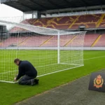 Stadionmedewerkers bereiden een voetbalveld in Mechelen voor met een discreet KV Mechelen-bord langs de rand.